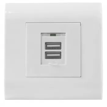 Intellinetti 2-pordiline USB-A seinapistikupesa esipaneeliga, kaks laadimisporti turvakattega, 5 V / 2,1 A väljund, 80 x 80 Euroopa esipaneel