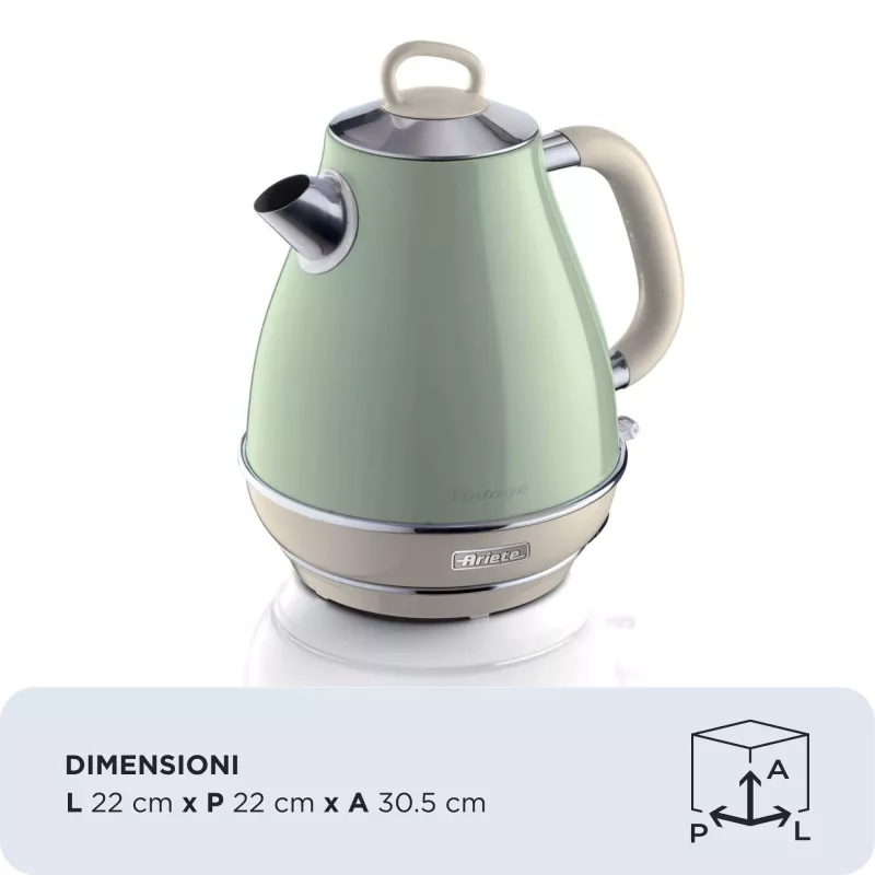 Ariete 2869 Vintage elektriline veekeetja, roostevaba teras, 1,7 L, automaatne väljalülitus, 2000 W, vee, tee ja ürdijookide jaoks, pastellroheline