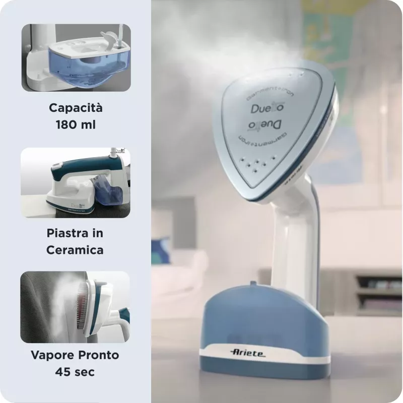 Ariete 6246 Duetto riideauruti – vertikaalne auruti ja triikraud mittenakkuva keraamilise tallaga – 1000 W – valge ja sinine