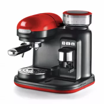 Ariete 1318 Moderna espressomasin integreeritud kohviveskiga, kohviubadele ja jahvatatud kohvile, piimavahustajaga cappuccino valmistaja, 1 ja 2 tassi filter, 1080 W, 800 cc, punane