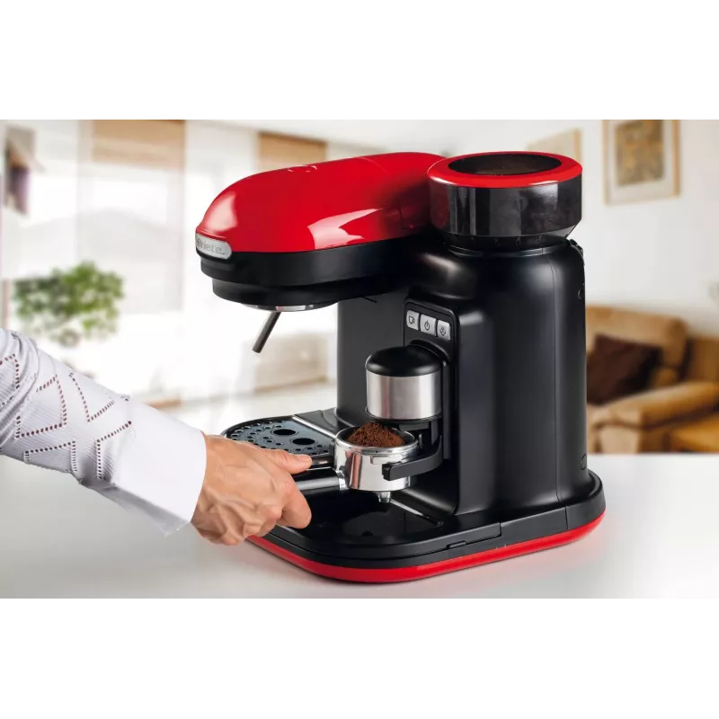 Ariete 1318 Moderna espressomasin integreeritud kohviveskiga, kohviubadele ja jahvatatud kohvile, piimavahustajaga cappuccino valmistaja, 1 ja 2 tassi filter, 1080 W, 800 cc, punane