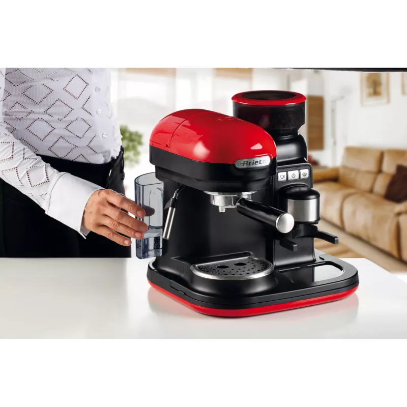 Ariete 1318 Moderna espressomasin integreeritud kohviveskiga, kohviubadele ja jahvatatud kohvile, piimavahustajaga cappuccino valmistaja, 1 ja 2 tassi filter, 1080 W, 800 cc, punane