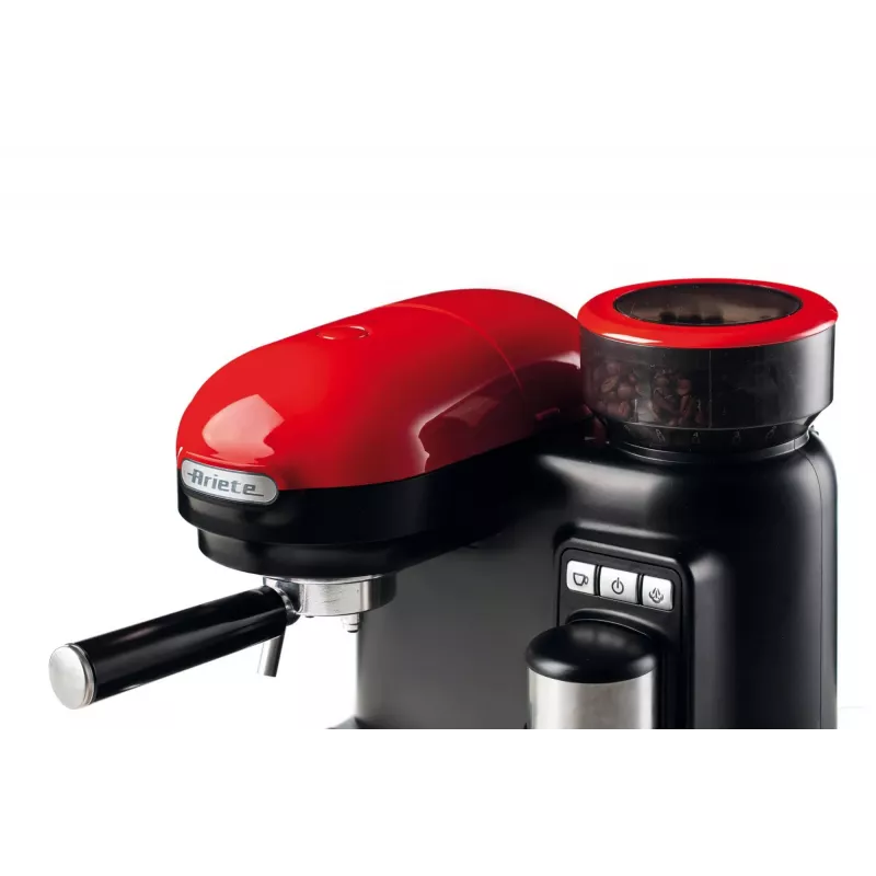 Ariete 1318 Moderna espressomasin integreeritud kohviveskiga, kohviubadele ja jahvatatud kohvile, piimavahustajaga cappuccino valmistaja, 1 ja 2 tassi filter, 1080 W, 800 cc, punane