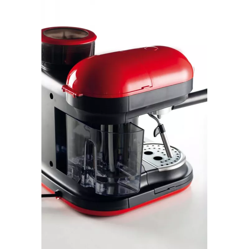 Ariete 1318 Moderna espressomasin integreeritud kohviveskiga, kohviubadele ja jahvatatud kohvile, piimavahustajaga cappuccino valmistaja, 1 ja 2 tassi filter, 1080 W, 800 cc, punane