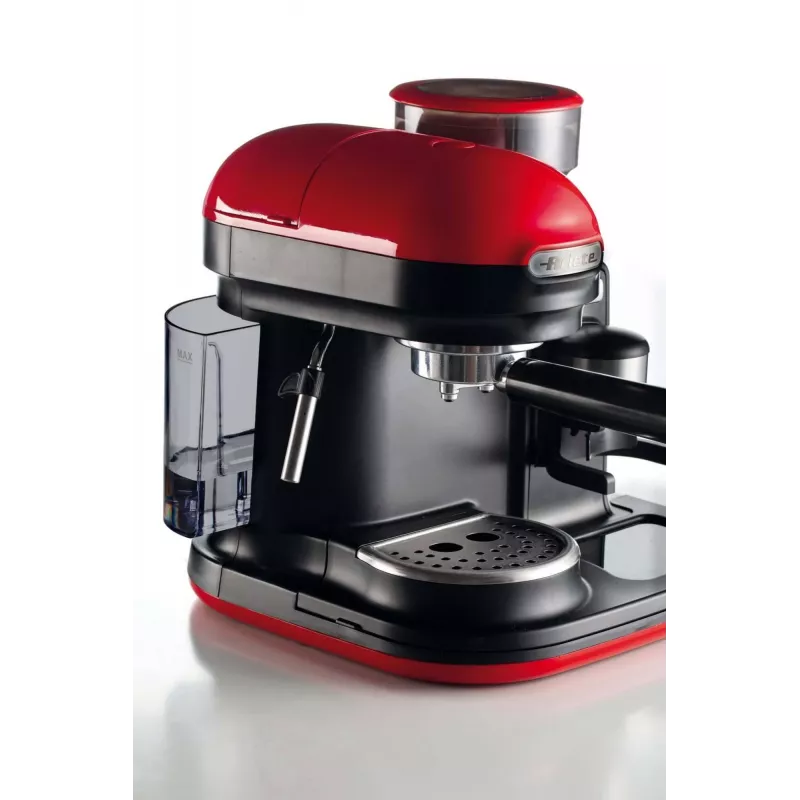 Ariete 1318 Moderna espressomasin integreeritud kohviveskiga, kohviubadele ja jahvatatud kohvile, piimavahustajaga cappuccino valmistaja, 1 ja 2 tassi filter, 1080 W, 800 cc, punane