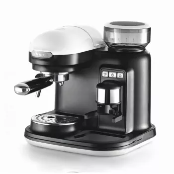 Ariete 1318 Moderna espressomasin integreeritud kohviveskiga, kohviubadele ja jahvatatud kohvile, piimavahustaja cappuccino valmistamiseks, 1 ja 2 tassi filter, 1080 W, 800 ml, valge