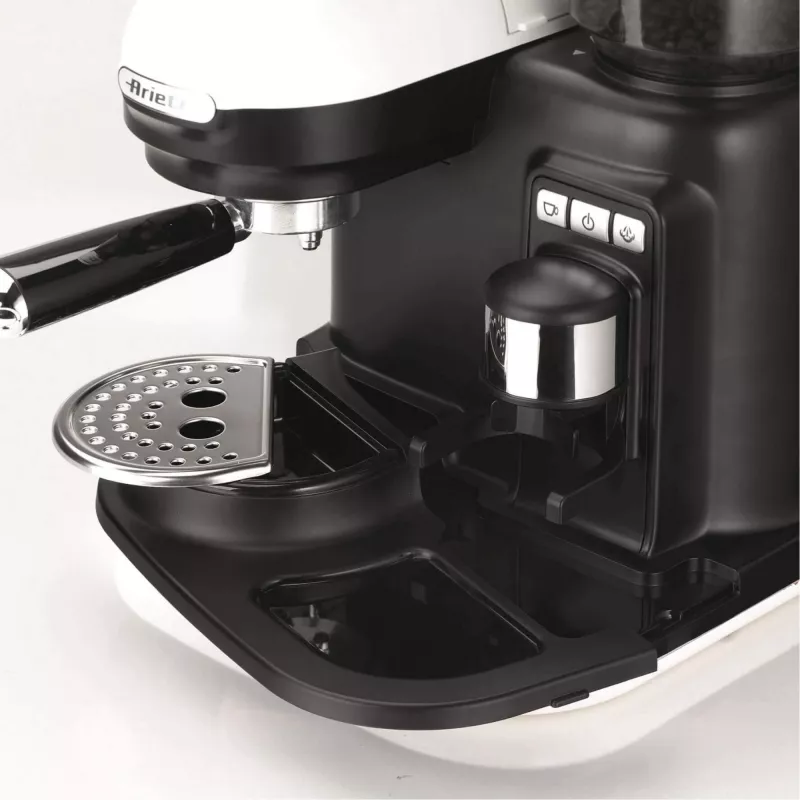 Ariete 1318 Moderna espressomasin integreeritud kohviveskiga, kohviubadele ja jahvatatud kohvile, piimavahustaja cappuccino valmistamiseks, 1 ja 2 tassi filter, 1080 W, 800 ml, valge