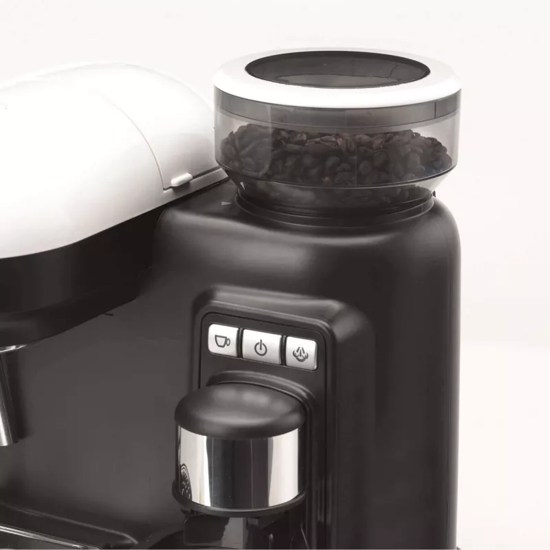 Ariete 1318 Moderna espressomasin integreeritud kohviveskiga, kohviubadele ja jahvatatud kohvile, piimavahustaja cappuccino valmistamiseks, 1 ja 2 tassi filter, 1080 W, 800 ml, valge