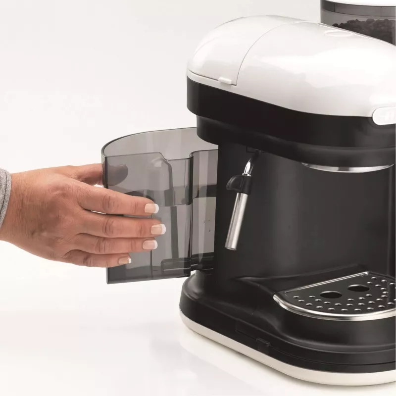 Ariete 1318 Moderna espressomasin integreeritud kohviveskiga, kohviubadele ja jahvatatud kohvile, piimavahustaja cappuccino valmistamiseks, 1 ja 2 tassi filter, 1080 W, 800 ml, valge