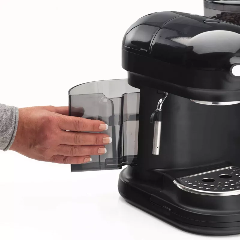 Ariete 1318 Moderna espressomasin integreeritud kohviveskiga, kohviubadele ja jahvatatud kohvile, piimavahustajaga cappuccino valmistaja, 1 ja 2 tassi filter, 1080 W, 800 ml, must