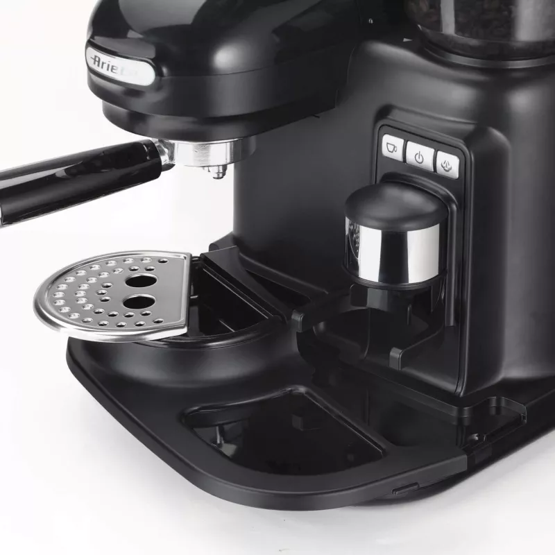 Ariete 1318 Moderna espressomasin integreeritud kohviveskiga, kohviubadele ja jahvatatud kohvile, piimavahustajaga cappuccino valmistaja, 1 ja 2 tassi filter, 1080 W, 800 ml, must