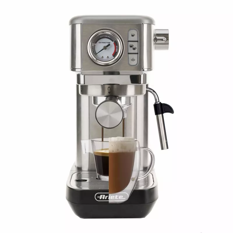 Ariete 1381 kohvimasin manomeetriga, ühildub jahvatatud kohvi ja ESE padjakestega, 1300 W, 1,1 l mahutavus, 15 bar rõhk, ½ tassi filter, Cappuccino seade, hõbedane