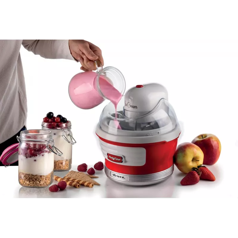 Ariete 643 Ice Cream Maker Party Time, jäätisemasin, 12W, 1,5 L mahutavus, eemaldatav korv kahekordse isolatsiooniga, valmistusaeg 30 minutit, kaas koostisosade lisamiseks, punane