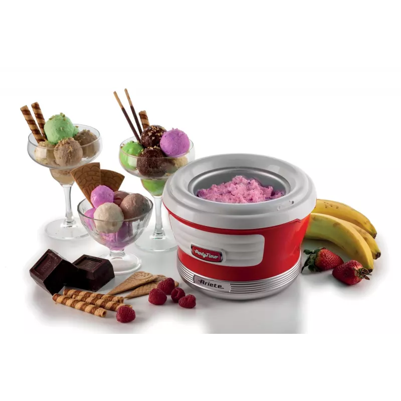 Ariete 643 Ice Cream Maker Party Time, jäätisemasin, 12W, 1,5 L mahutavus, eemaldatav korv kahekordse isolatsiooniga, valmistusaeg 30 minutit, kaas koostisosade lisamiseks, punane