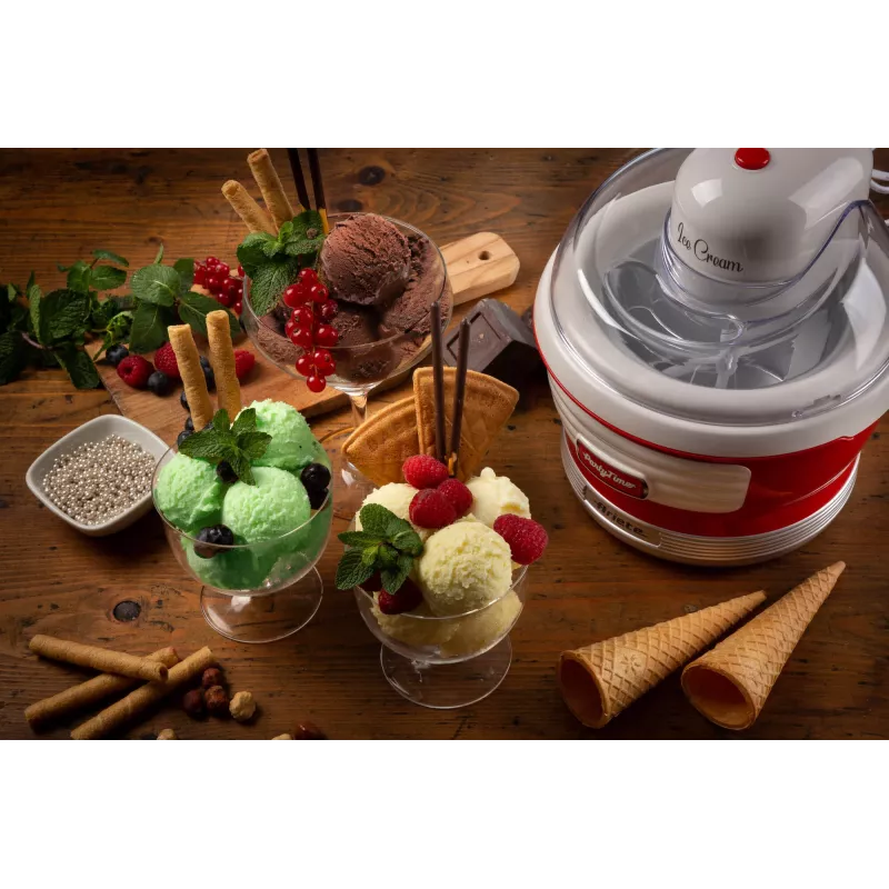 Ariete 643 Ice Cream Maker Party Time, jäätisemasin, 12W, 1,5 L mahutavus, eemaldatav korv kahekordse isolatsiooniga, valmistusaeg 30 minutit, kaas koostisosade lisamiseks, punane