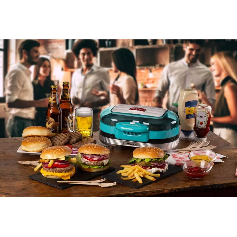 Ariete 205 Hamburger Maker Party Time, hamburgerivalmistaja, 1200 W, topelt mittenakkuvad plaadid, 2 kambrit, lihtne puhastada, sinine