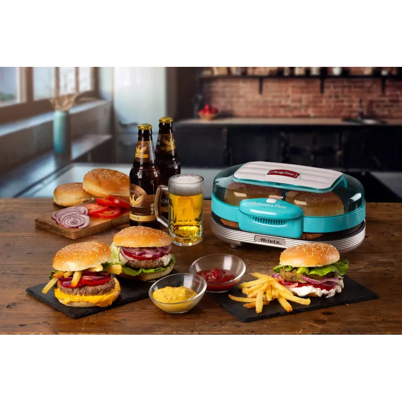 Ariete 205 Hamburger Maker Party Time, hamburgerivalmistaja, 1200 W, topelt mittenakkuvad plaadid, 2 kambrit, lihtne puhastada, sinine