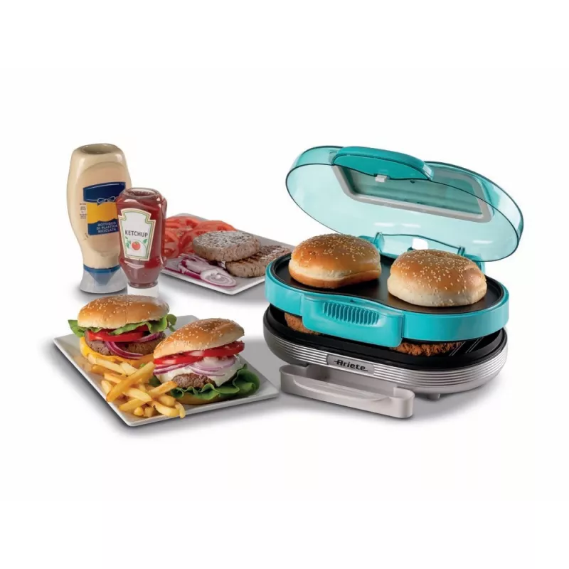 Ariete 205 Hamburger Maker Party Time, hamburgerivalmistaja, 1200 W, topelt mittenakkuvad plaadid, 2 kambrit, lihtne puhastada, sinine