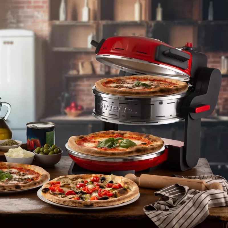Ariete 927 Pizzeria, topeltpizzaahi, 2 pitsat 4 minutiga, 2300 W, 2 tulekindlat kivi, 2 termostaati, läbimõõt 32 cm, 5 küpsetustaset, 2 roostevabast terasest pitsalabidat, punane