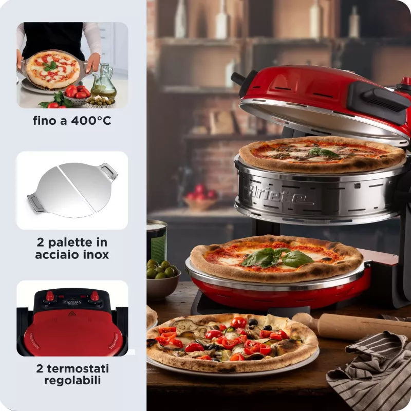Ariete 927 Pizzeria, topeltpizzaahi, 2 pitsat 4 minutiga, 2300 W, 2 tulekindlat kivi, 2 termostaati, läbimõõt 32 cm, 5 küpsetustaset, 2 roostevabast terasest pitsalabidat, punane