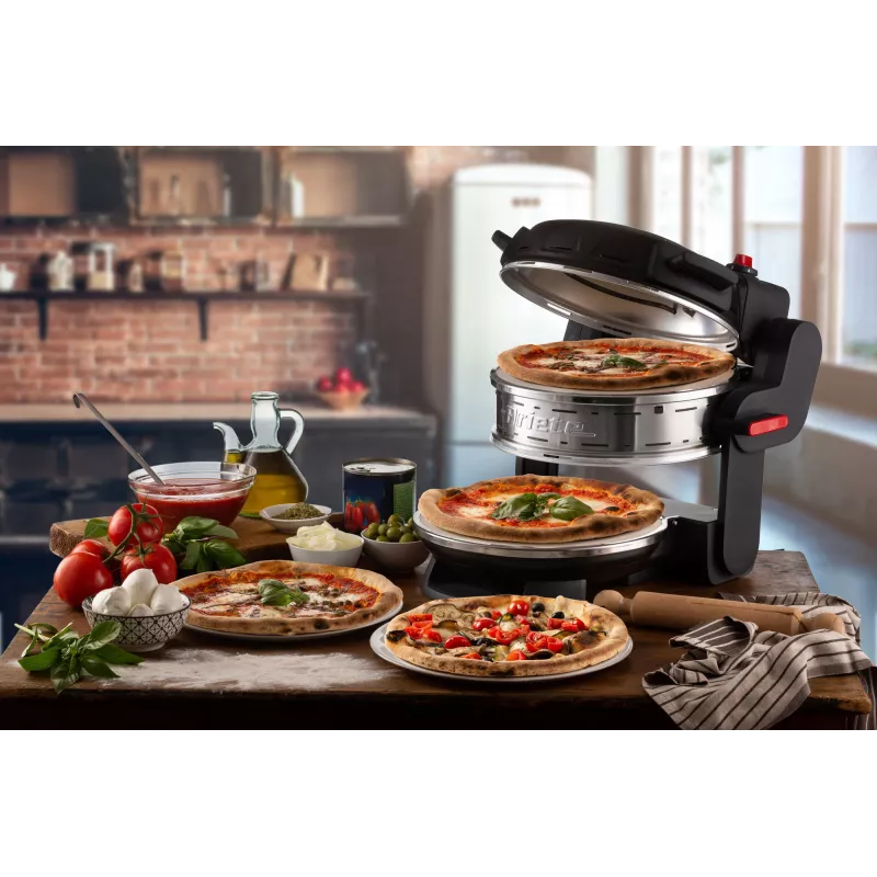 Ariete 927 Pizzeria, kahekordne pitsaahi, 2 pitsat 4 minutiga, 2300 W, 2 tulekindlat kivi, 2 termostaati, läbimõõt 32 cm, 5 küpsetusastet, 2 roostevabast terasest labidat, punane