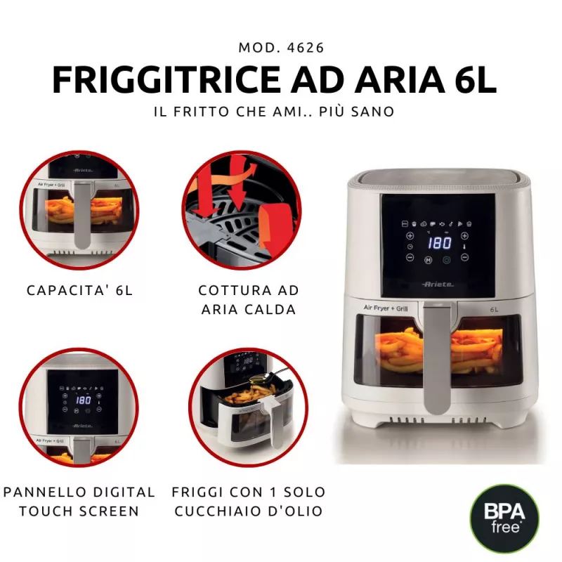 Ariete 4626 Airy Fryer 6L, kuumaõhufritüür, 1300 W, 6L maht, 2,5 kg toiduvalmistamismaht, 8 eelseadistatud programmi, temperatuur kuni 200°, läbipaistev korv küpsetamise kontrollimiseks, must