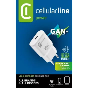 Cellularline GAN seinlaadija USB-C 30W PD USB-C 30W PD seinlaadija GaN tehnoloogiaga