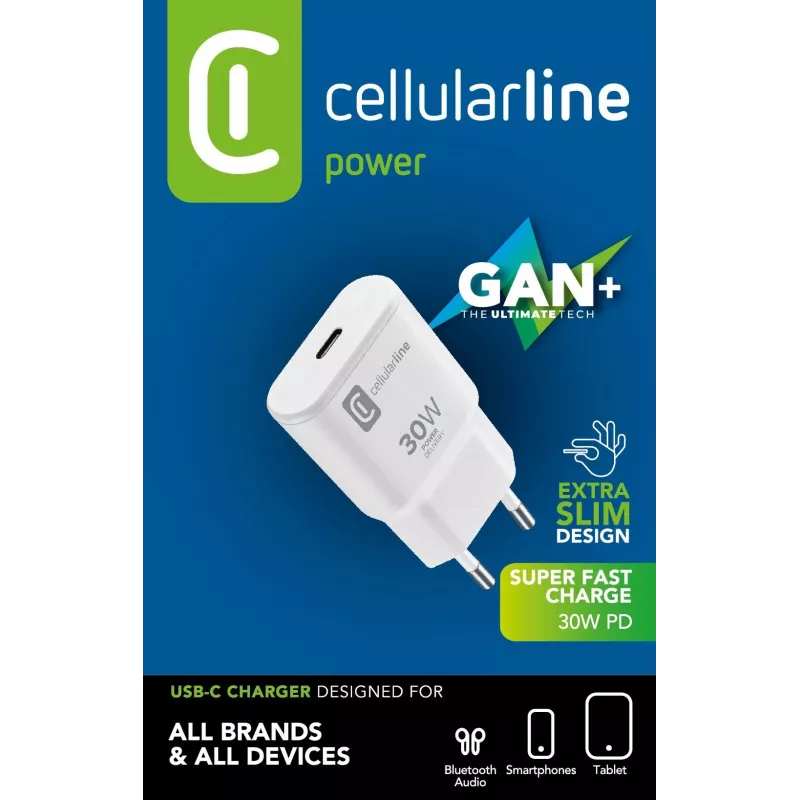 Cellularline GAN seinlaadija USB-C 30W PD USB-C 30W PD seinlaadija GaN tehnoloogiaga