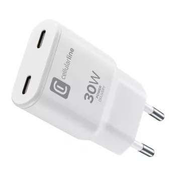 Cellularline GAN seinilaadur 2xUSB-C 30W PD 2xUSB-C 30W PD seinilaadur GaN-tehnoloogiaga