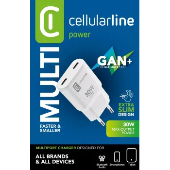 Cellularline GAN seinilaadur 2xUSB-C 30W PD 2xUSB-C 30W PD seinilaadur GaN-tehnoloogiaga