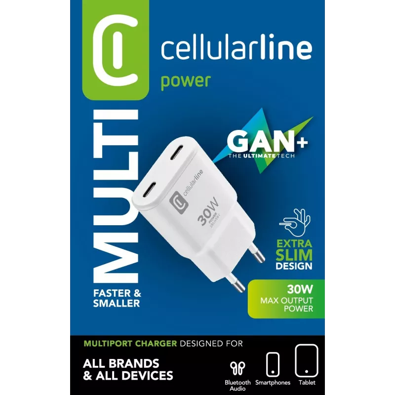 Cellularline GAN seinilaadur 2xUSB-C 30W PD 2xUSB-C 30W PD seinilaadur GaN-tehnoloogiaga