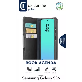 Cellularline Book Agenda - Galaxy S26 raamatustiilis ümbris kunstnahast viimistlusega, magnetkinnisega, RFID-kaitsega ja alusfunktsiooniga.
