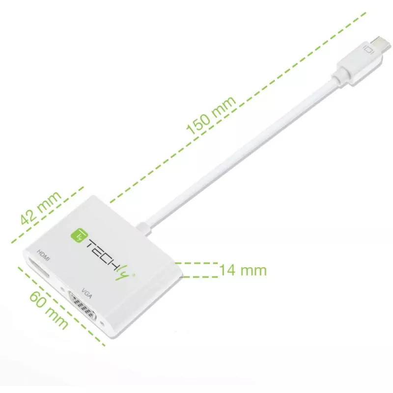 Techly Mini DisplayPort-HDMI/VGA-adapter, 0,15 m, Mini DisplayPort, HDMI + VGA (D-Sub), Isane, Emane, 1920 x 1200 pikslit