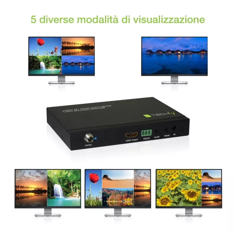 Techly HDMI 4x1 mitmevaatur sujuva lülitiga, HDMI, metall, must, 60 Hz, 1080p, 2,25 Gbit/s