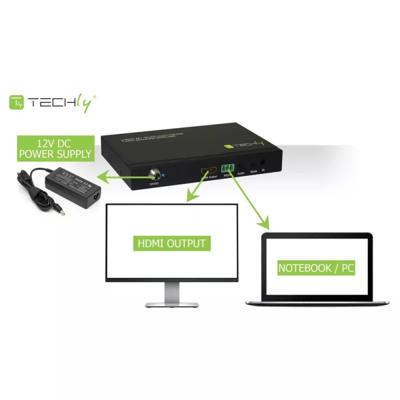 Techly HDMI 4x1 mitmevaatur sujuva lülitiga, HDMI, metall, must, 60 Hz, 1080p, 2,25 Gbit/s