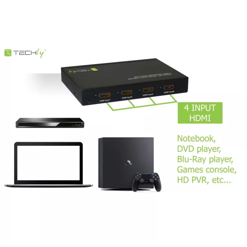 Techly HDMI 4x1 mitmevaatur sujuva lülitiga, HDMI, metall, must, 60 Hz, 1080p, 2,25 Gbit/s