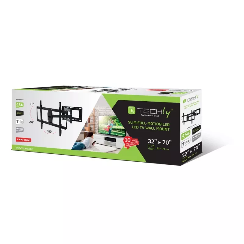 Techly Õhuke seinakinnitus 32-70 tollistele LCD LED-teleritele Must, 81,3 cm (32 tolli), 177,8 cm (70 tolli), 45 kg, 600 x 400 mm, -10 - 5°, Must