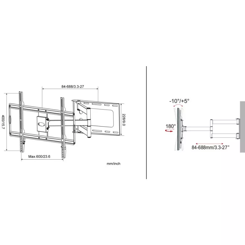 Techly Õhuke seinakinnitus 32-70 tollistele LCD LED-teleritele Must, 81,3 cm (32 tolli), 177,8 cm (70 tolli), 45 kg, 600 x 400 mm, -10 - 5°, Must