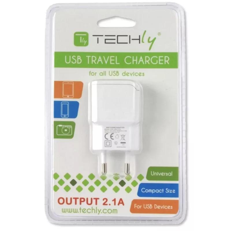 Techly Itaalia pistikuadapter 1 USB-pordiga 5 V / 2,1 A, valge IPW-USB-21EC