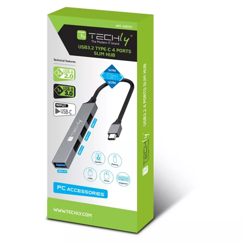 Techly IUSB32-HUB4C-3U2SLS sülearvuti dokkimisjaam/portrepiklaator Juhtmega USB 3.2 Gen 1 (3.1 Gen 1) USB-C Hall