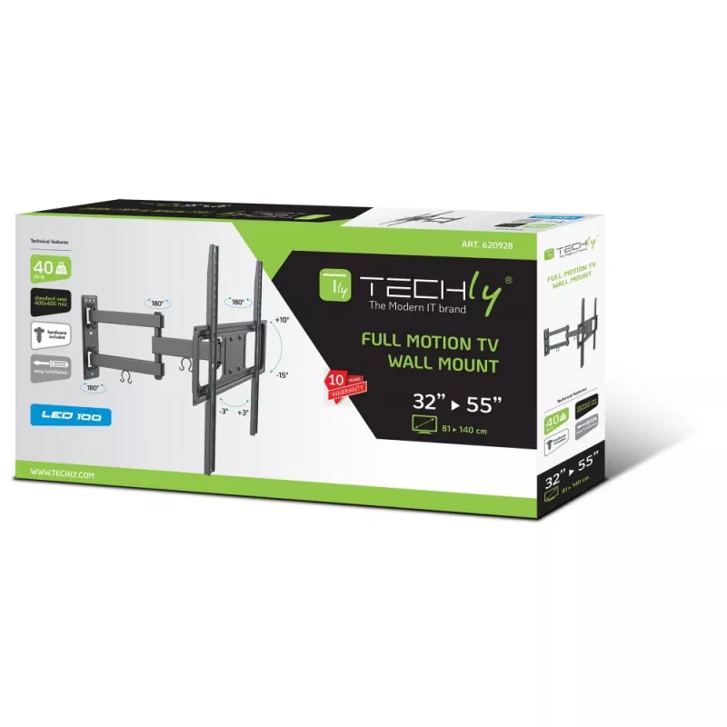 Techly 32–55-tolline täisliigutusega LED-LCD-teleri seinakinnitus, 400 x 400 mm, -15–10°, 10–90°, 180°, teras, must