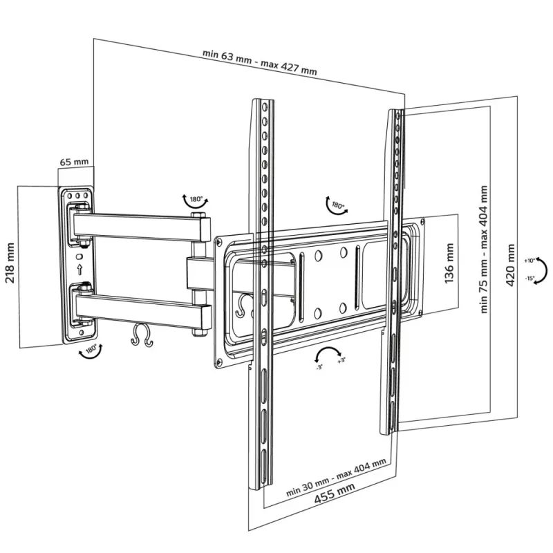 Techly 32–55-tolline täisliigutusega LED-LCD-teleri seinakinnitus, 400 x 400 mm, -15–10°, 10–90°, 180°, teras, must