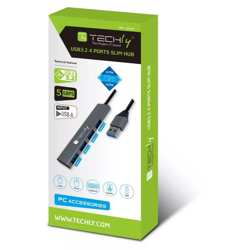 Techly IUSB32-HUB4A-4U3SL sülearvuti dokkimisjaam/portide paljundaja juhtmega USB 3.2 Gen 1 (3.1 Gen 1) Type-A Hall