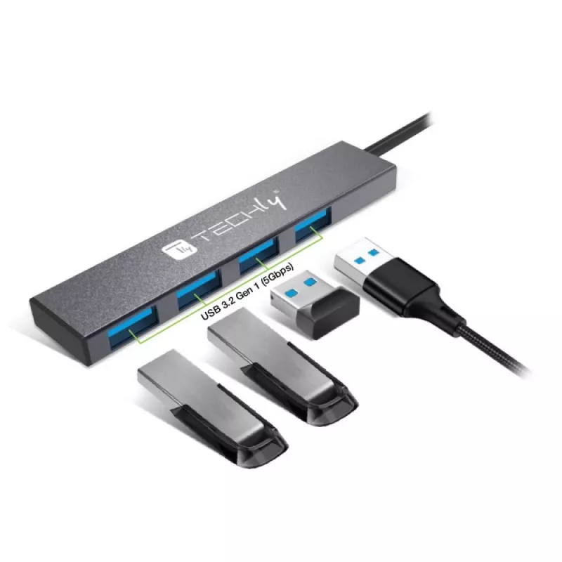 Techly IUSB32-HUB4A-4U3SL sülearvuti dokkimisjaam/portide paljundaja juhtmega USB 3.2 Gen 1 (3.1 Gen 1) Type-A Hall