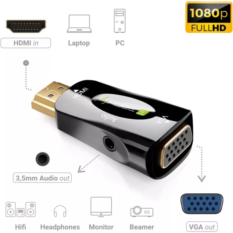 Techly IDATA HDMI-VGA2MABT2 videosignaalimuundur Passiivne videomuundur 1920 x 1080 pikslit
