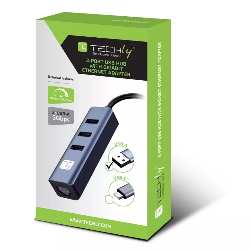 Techly IDATA USB-ETGIGA3AA sülearvuti dokkimisjaam/portide paljundaja Juhtmega USB 3.2 Gen 1 (3.1 Gen 1) Type-A Must, Hõbedane