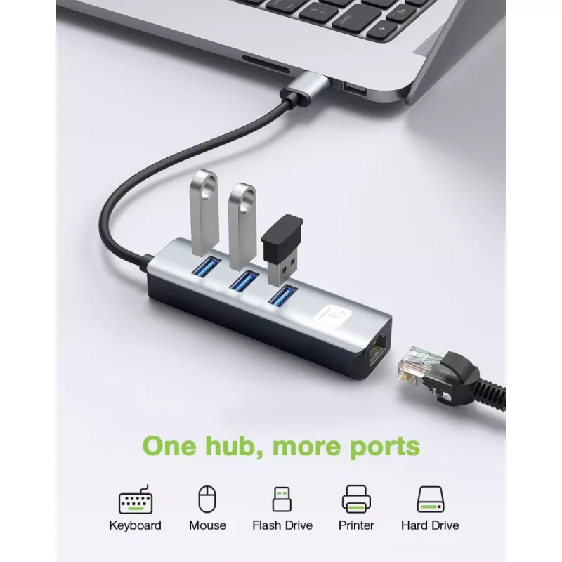 Techly IDATA USB-ETGIGA3AA sülearvuti dokkimisjaam/portide paljundaja Juhtmega USB 3.2 Gen 1 (3.1 Gen 1) Type-A Must, Hõbedane