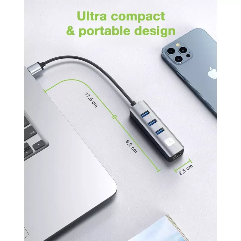 Techly IDATA USB-ETGIGA3AA sülearvuti dokkimisjaam/portide paljundaja Juhtmega USB 3.2 Gen 1 (3.1 Gen 1) Type-A Must, Hõbedane