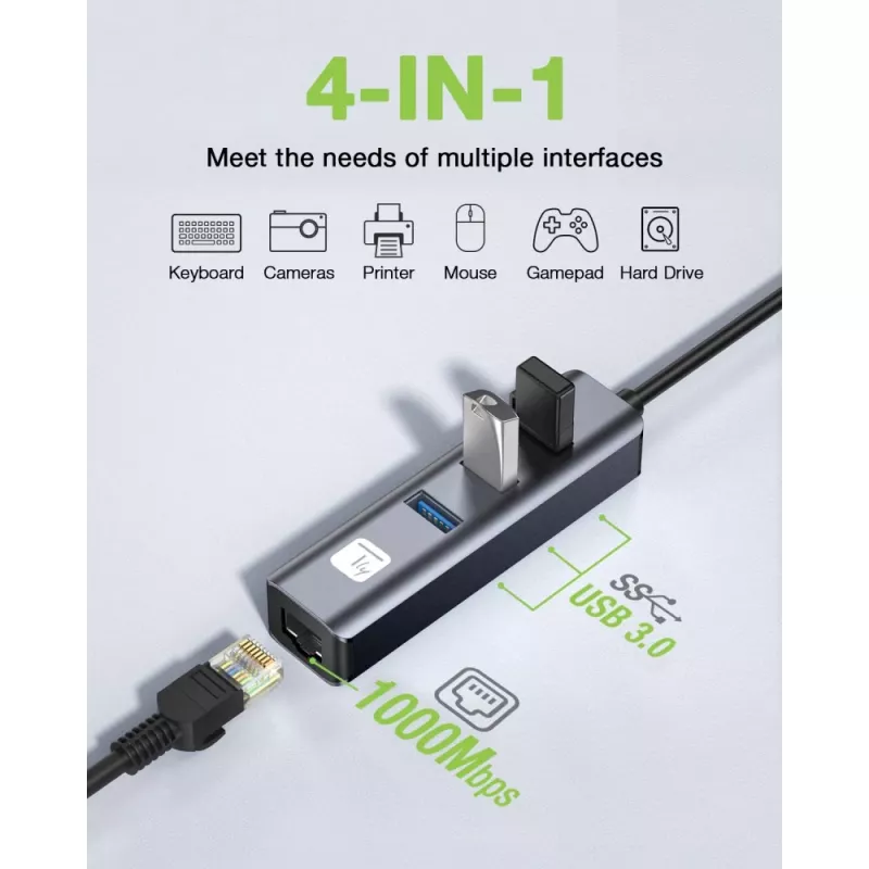 Techly IDATA USB-ETGIGA3AA sülearvuti dokkimisjaam/portide paljundaja Juhtmega USB 3.2 Gen 1 (3.1 Gen 1) Type-A Must, Hõbedane