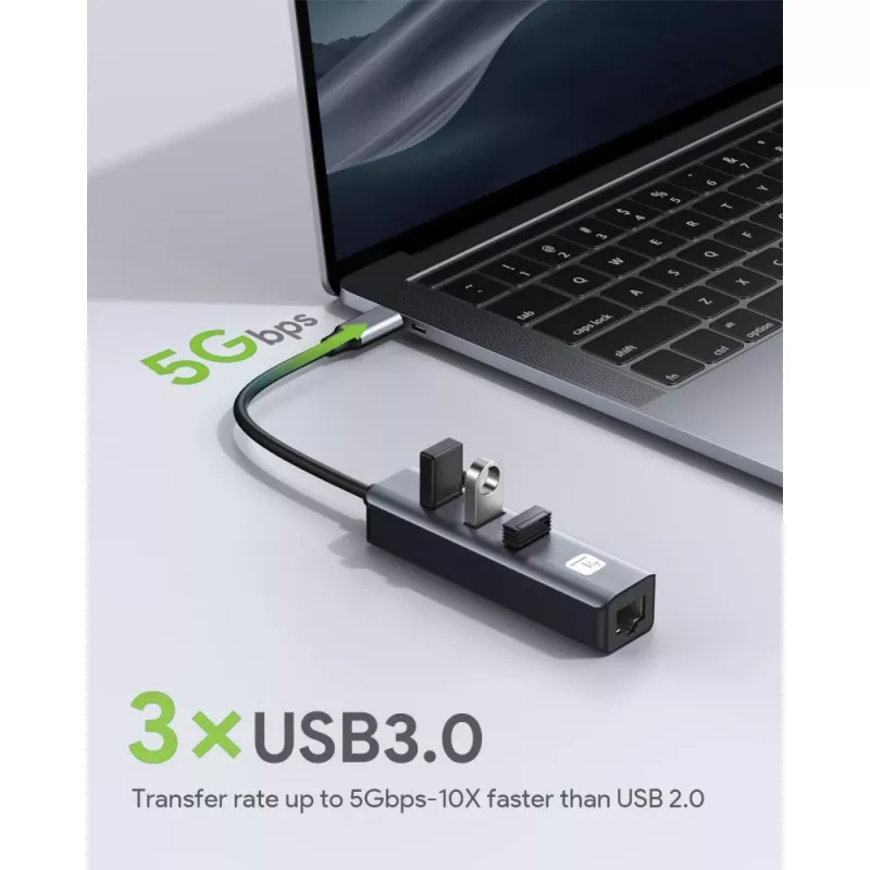 Techly IDATA USB-ETGIGA3AA sülearvuti dokkimisjaam/portide paljundaja Juhtmega USB 3.2 Gen 1 (3.1 Gen 1) Type-A Must, Hõbedane